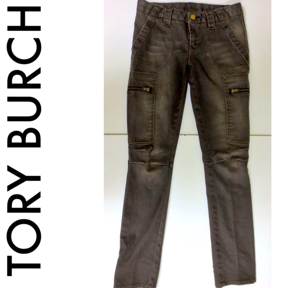 Tory Burch Women's Olive Brown Stretch Moto Cargo Jeans Size 28